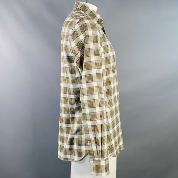 BOGLIOLI Size L Cream Olive Plaid Cotton Twill Spread Collar Long Sleeve Shirt