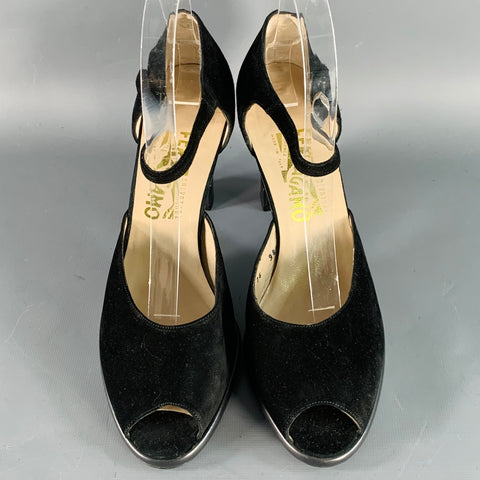 SALVATORE FERRAGAMO Size 9 Black Suede Peep Toe Stacked Heel Ankle Strap Sandals