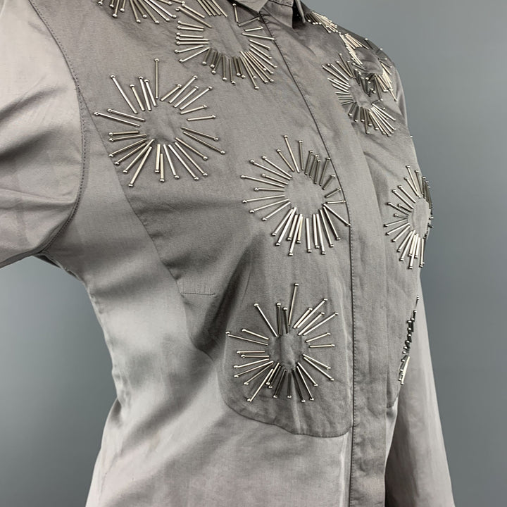 AKRIS Size 8 Grey Sheer Cotton Beaded Bib Blouse