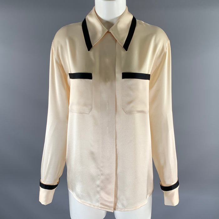 CHANEL Size M Cream Black Silk French Cuff Blouse