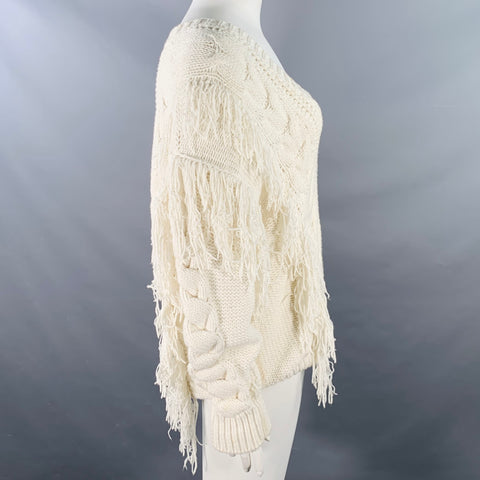 IRO Size XL Cream Cotton Blend Cable Knit Fringe Oversized V-Neck Sweater