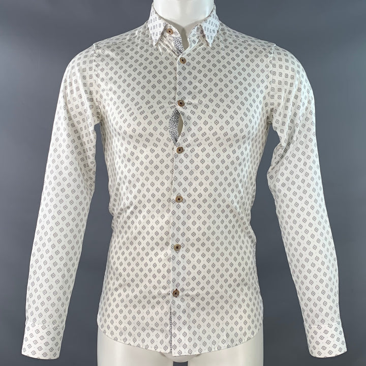 TED BAKER Size XS White Grey Abstract Cotton Spread Collar Long Sleeve Shirt