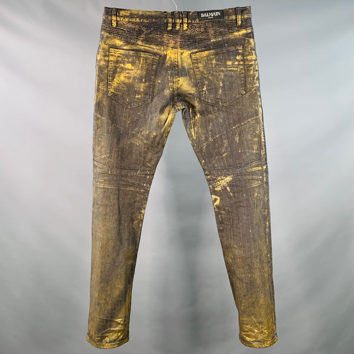 BALMAIN Size 38 Metallic Gold Black Cotton Slim Biker Jeans
