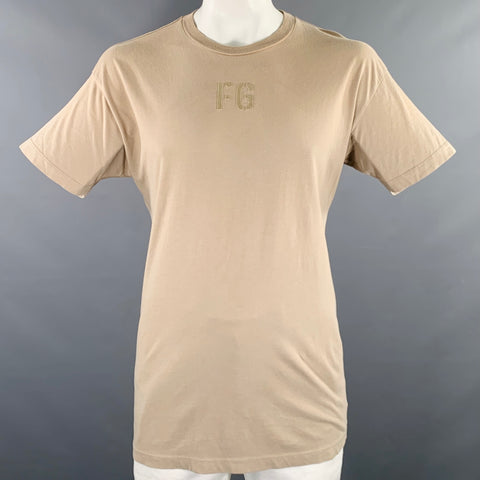 FEAR OF GOD Size L Khaki Cotton Velvet Logo Crew Neck T-shirt