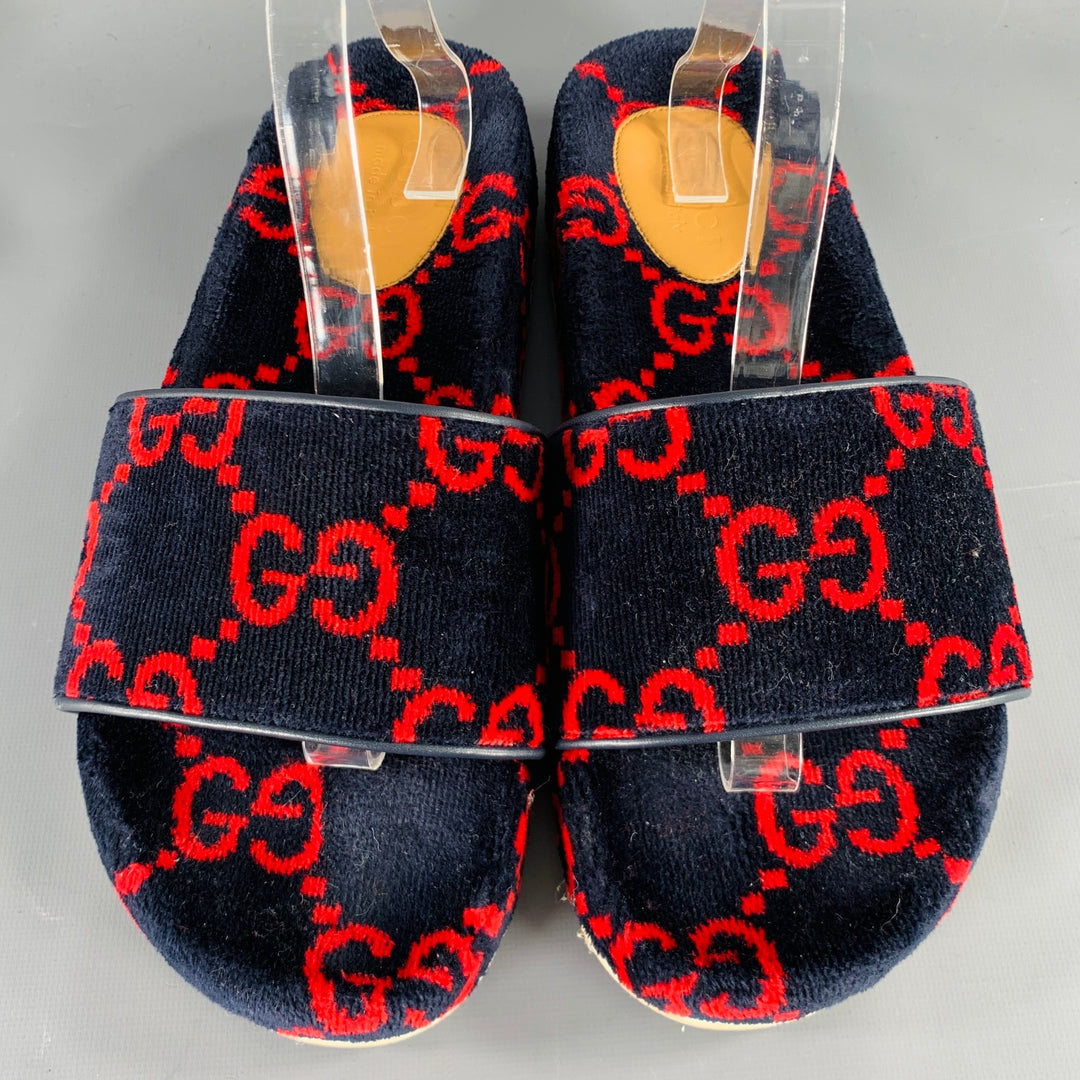 GUCCI Size 10.5 Black Red Guccissima Monogram Velvet Slip On Sandals