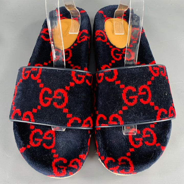 GUCCI Size 10.5 Black Red Guccissima Monogram Velvet Slip On Sandals