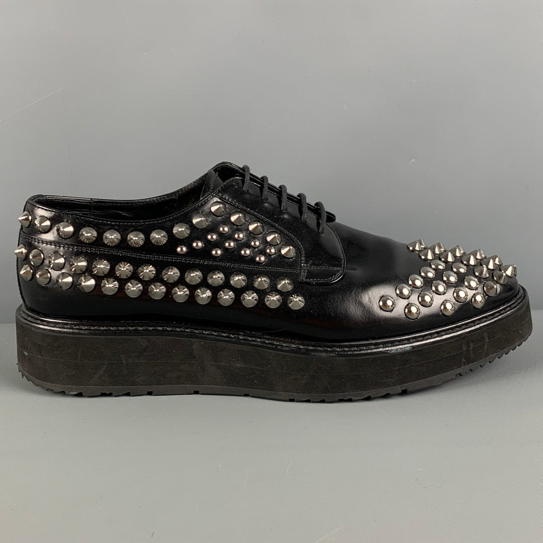 PRADA Size 9 Black Silver Studded Leather Platform Lace-Up Shoes