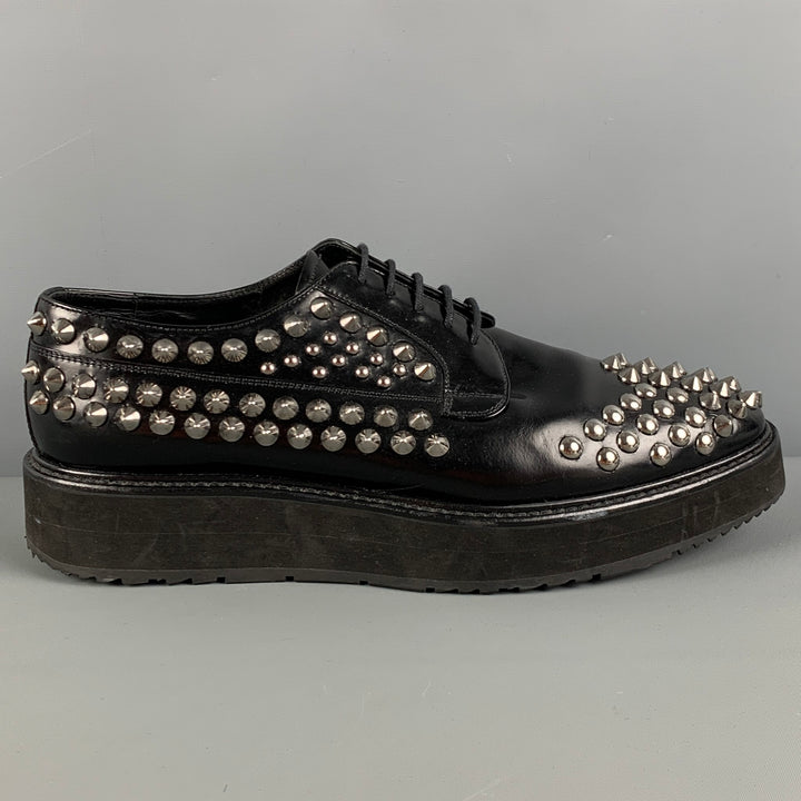 PRADA Size 9 Black Silver Studded Leather Platform Lace-Up Shoes