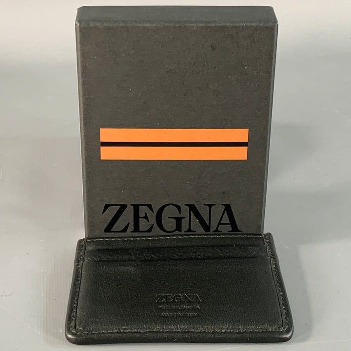 ERMENEGILDO ZEGNA One Size Black Textured Woven Leather Card Case Wallet