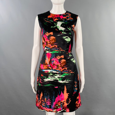 BALENCIAGA Size 4 Black Multi Color Cotton Floral Sleeveless Cocktail Dress