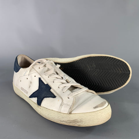 GOLDEN GOOSE Size 9 White Navy Logo Leather Skater Sneakers