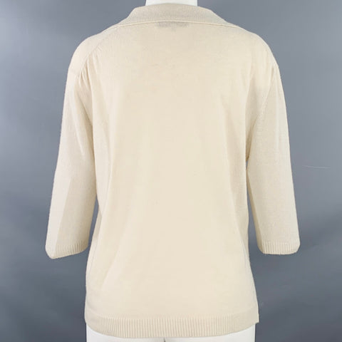 NHBT Size M Beige Cashmere Knit Open Collar V-Neck 3/4 Sleeves Casual Top