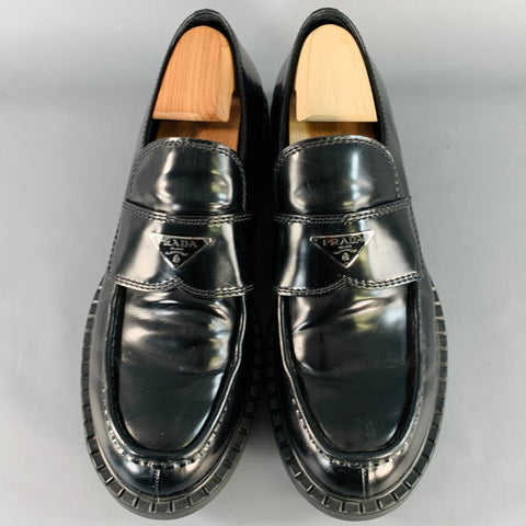 PRADA Size 12 Black Silver Logo Leather Split Toe Slip On Loafers
