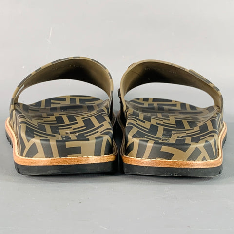 FENDI Size 10 Brown Beige Logo Monogram Acetate Slip On Slide Sandals