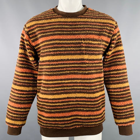 BEAMS PLUS Size M Brown Orange Yellow Stripe Faux Shearling Crew Neck Sweater