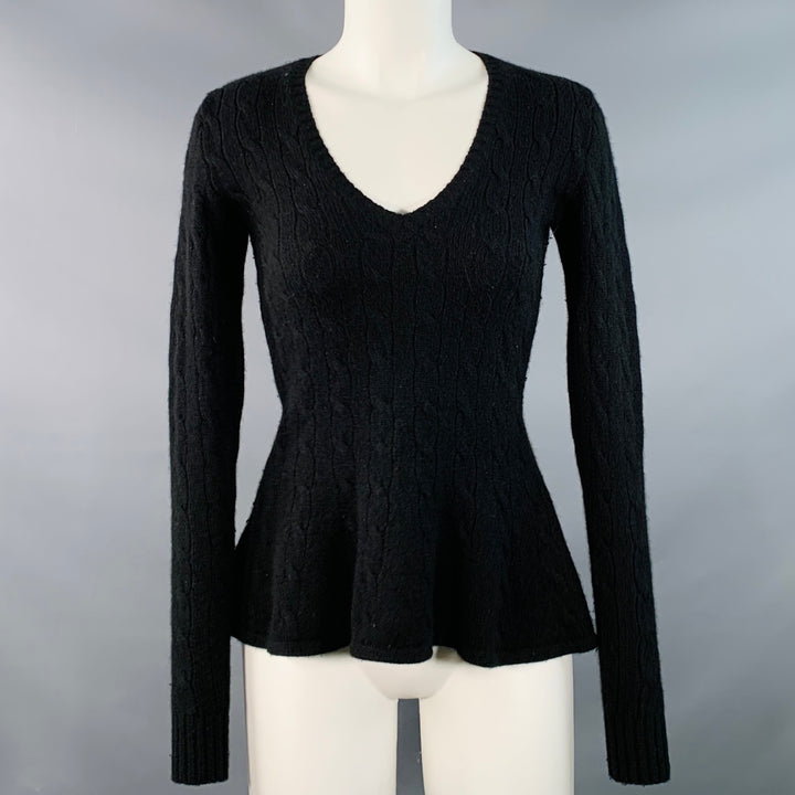 RALPH LAUREN Size S Black Cashmere Cable Knit Flared Hem V-Neck Sweater
