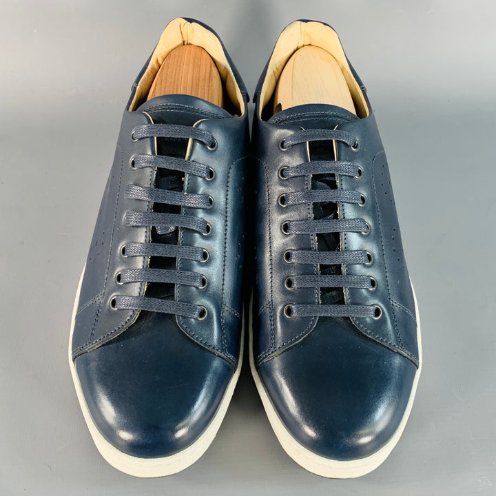 BUGATCHI Size 8 Navy Perforated Leather Low Top Sneakers