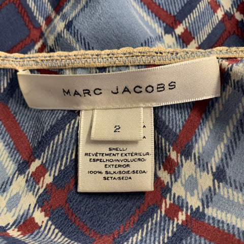 MARC JACOBS Size 2 Blue Burgundy Silk Plaid A-Line Skirt