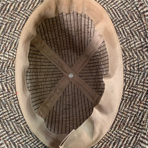 KNOX HATS Vintage Brown Beige Herringbone Braided Leather Trim Fabric Hat