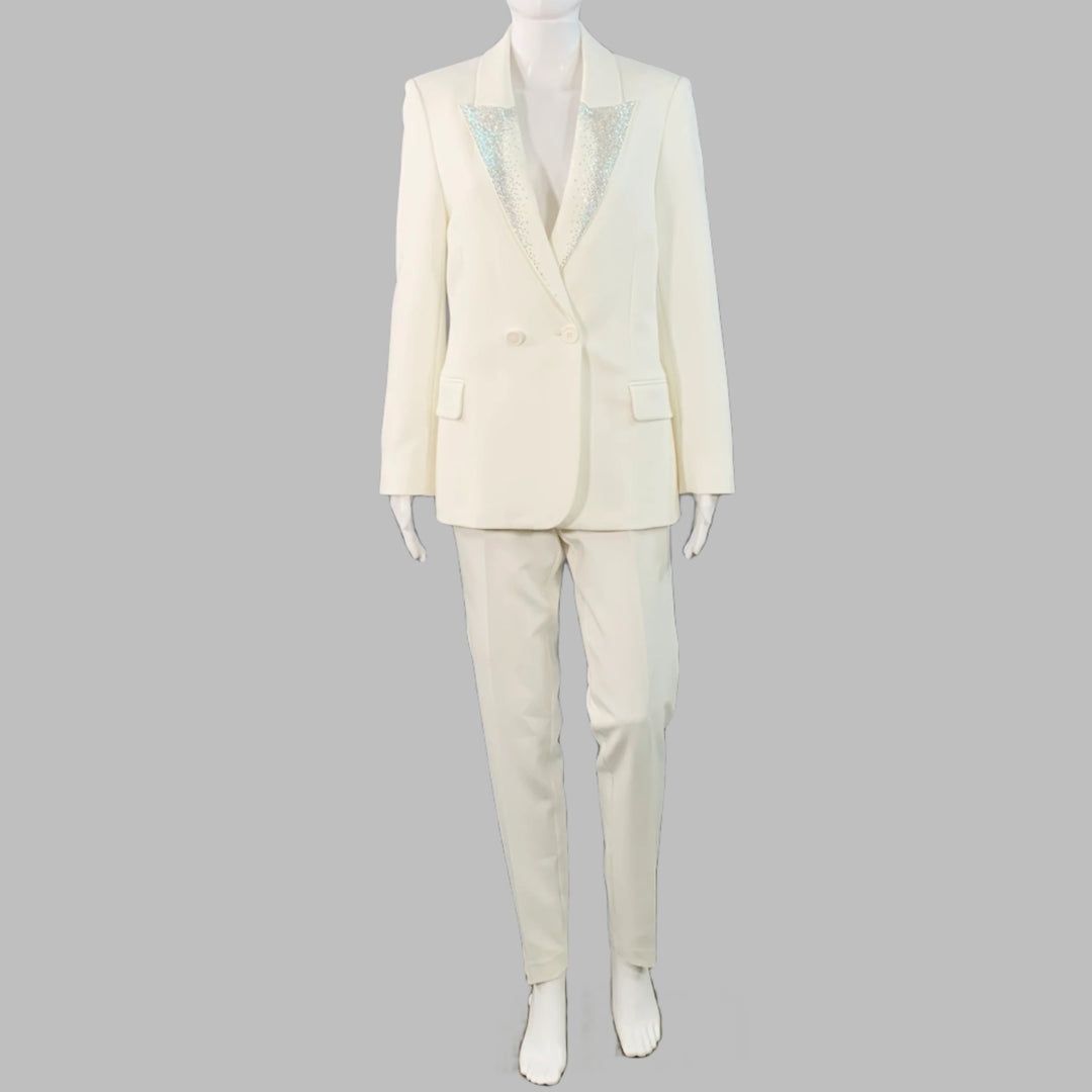ZADIG & VOLTAIRE Size M Off White Polyester Blend Rhinestone Studded Peak Lapel Pantsuit