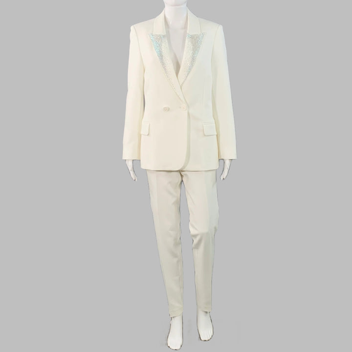 ZADIG & VOLTAIRE Size M Off White Polyester Blend Rhinestone Studded Peak Lapel Pantsuit