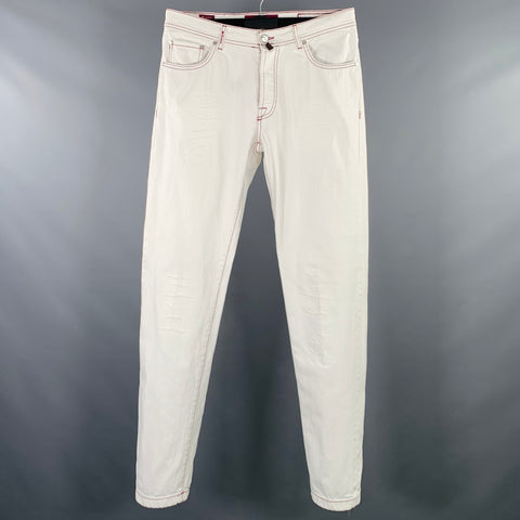 KITON Size 34 White Red Contrast Stitch Distressed Cotton Straight Jeans