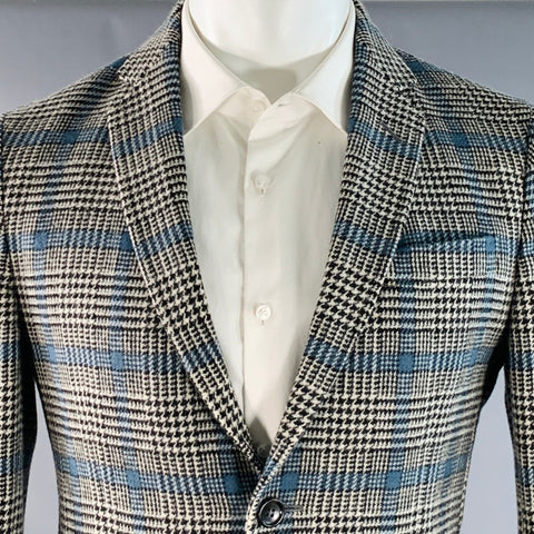 GUCCI Size 38 Black White Blue Glenplaid Wool Notch Lapel Suit