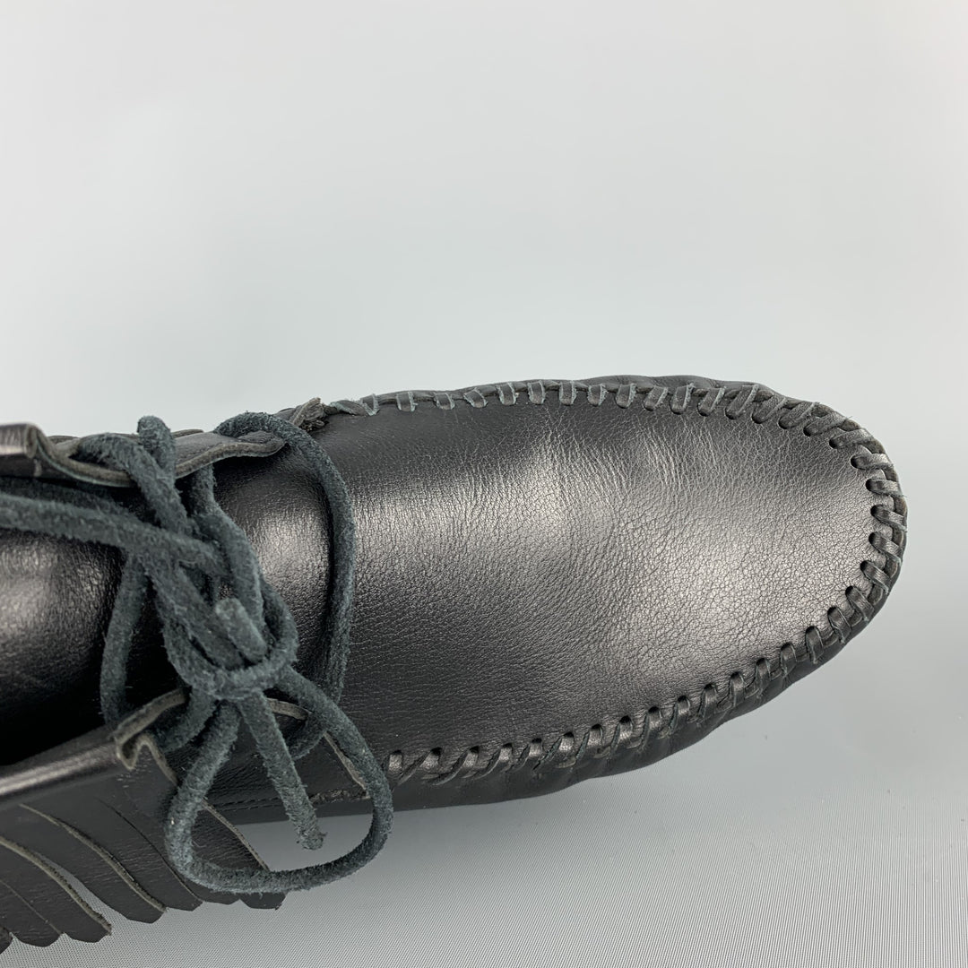 SAINT LAURENT Size 12 Black Leather Fringed Moccasin Style Boot Sneakers