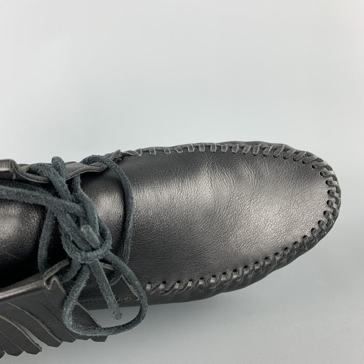 SAINT LAURENT Size 12 Black Leather Fringed Moccasin Style Boot Sneakers