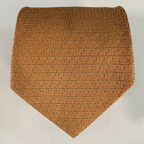 FENDI Brown Black Logo Jacquard Silk Tie