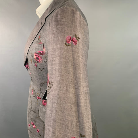 PAUL SMITH Size 38 Grey Pink Floral Embroidery Linen Slim Fit Notch Lapel Sport Coat