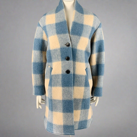 ISABEL MARANT Size 10 Blue Cream Polyester Blend Gingham Shawl Lapel Coat