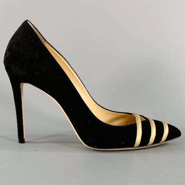 JIMMY CHOO Size 8.5 -Bethan 100- Black Gold Suede Stripe Pumps