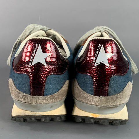 GOLDEN GOOSE STARLAND Size 11 Blue Grey Brown Color Block Canvas Suede Low Top Sneakers