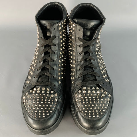 GUCCI Limited Edition Size 14 Black Silver Studded Leather High Top Sneakers