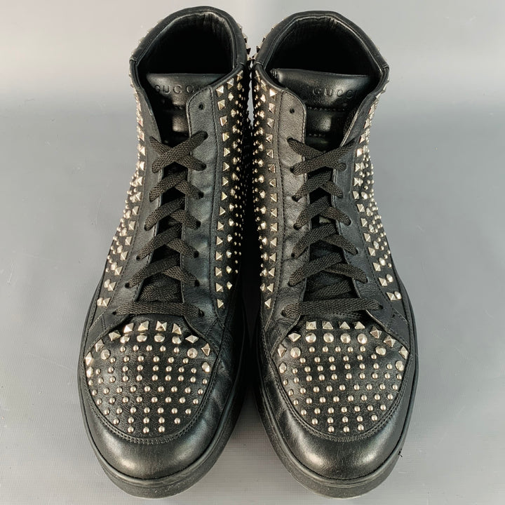 GUCCI Limited Edition Size 14 Black Silver Studded Leather High Top Sneakers