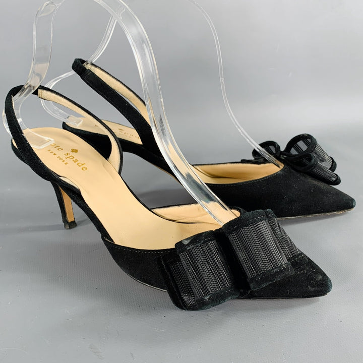 KATE SPADE Size 7 Black Suede Bow Slingback Kitten Heel Pumps