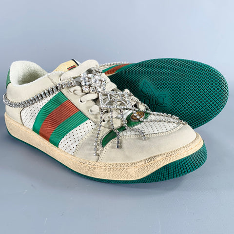 GUCCI Size 9 -Screener- Off White Distressed Leather Lace-Up Sneakers