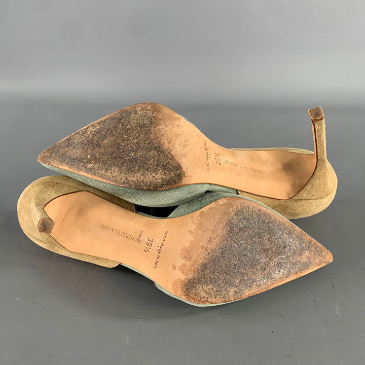 MANOLO BLAHNIK Size 9.5 Sage Tan Suede Two Tone Suede Pointed Toe Pumps