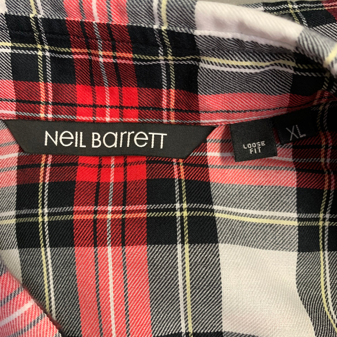NEIL BARRETT Size XL Red Black White Plaid Cotton One Pocket Short Sleeve Shirt