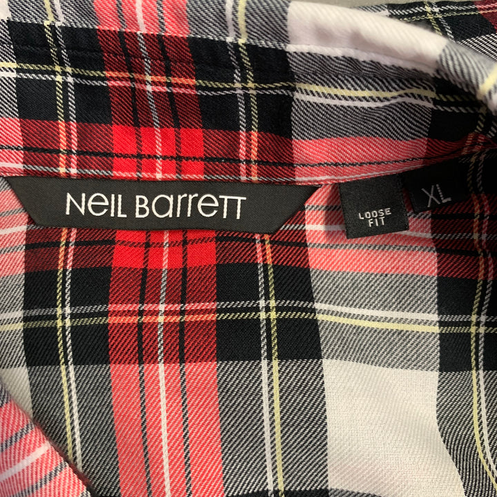 NEIL BARRETT Size XL Red Black White Plaid Cotton One Pocket Short Sleeve Shirt