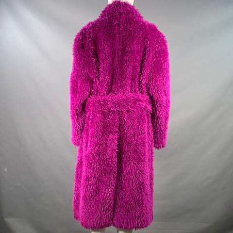 MSGM Size M Magenta Pink Modacrylic Blend Textured Faux Fur Notch Lapel Double Breasted Coat