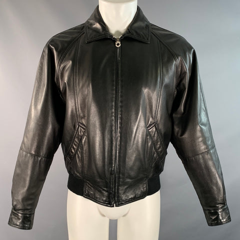 SALVATORE FERRAGAMO Blouson en cuir uni noir à manches raglan Taille 36