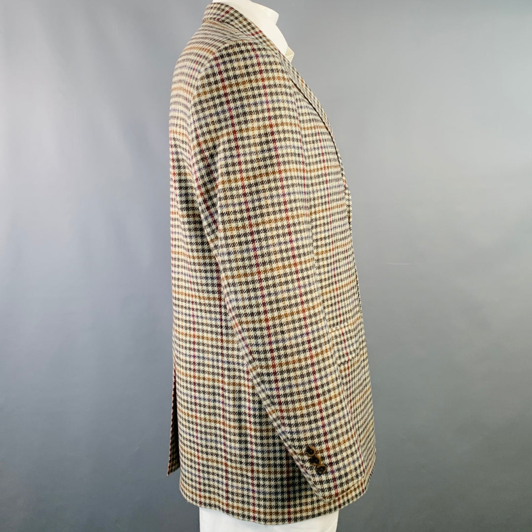 O'CONNELL'S Size 42 Long Beige Red Brown Plaid Virgin Wool Sport Coat