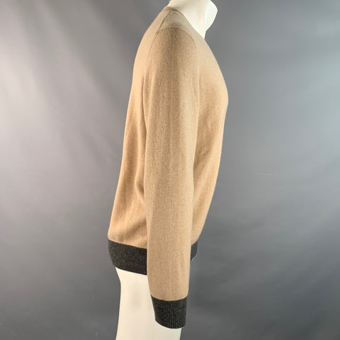 BRUNELLO CUCINELLI Size M Khaki Grey Color Block Cashmere V-Neck Pullover