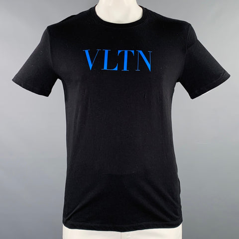 VALENTINO Size L Black Blue Logo Cotton Crew Neck T-shirt