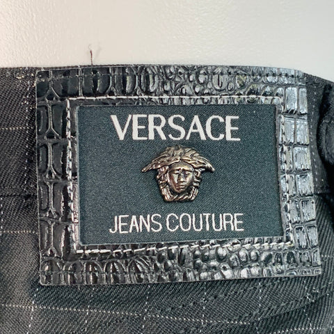 VERSACE JEANS Size 24 Black Grey Wool Blend Windowpane A-Line Mini Skirt