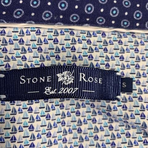 STONE ROSE Size S Navy White Circles Cotton Spread Collar Short Sleeve Shirt
