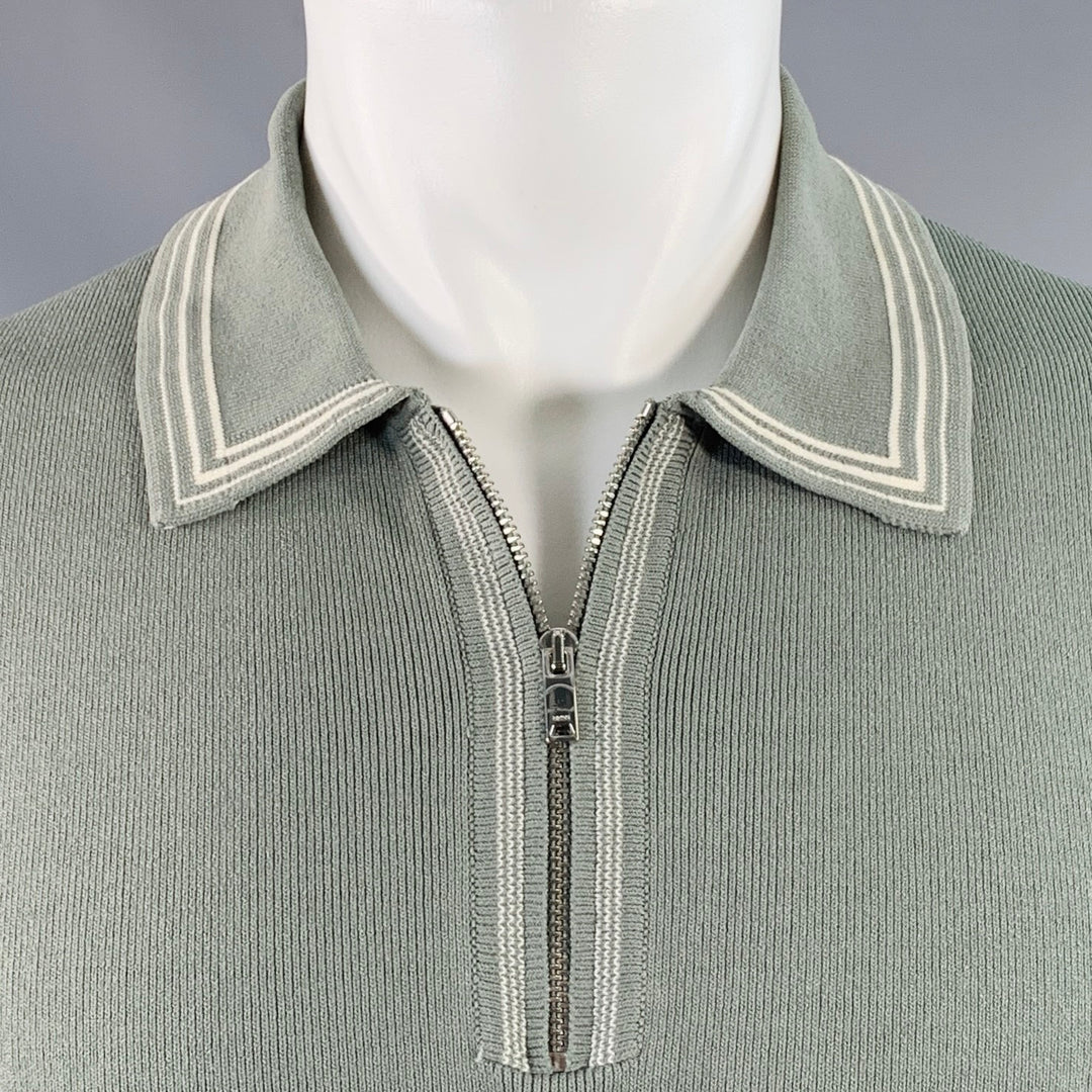 REISS Size M Stetson Green White Contrast Trim Viscose Blend Zip Up Polo