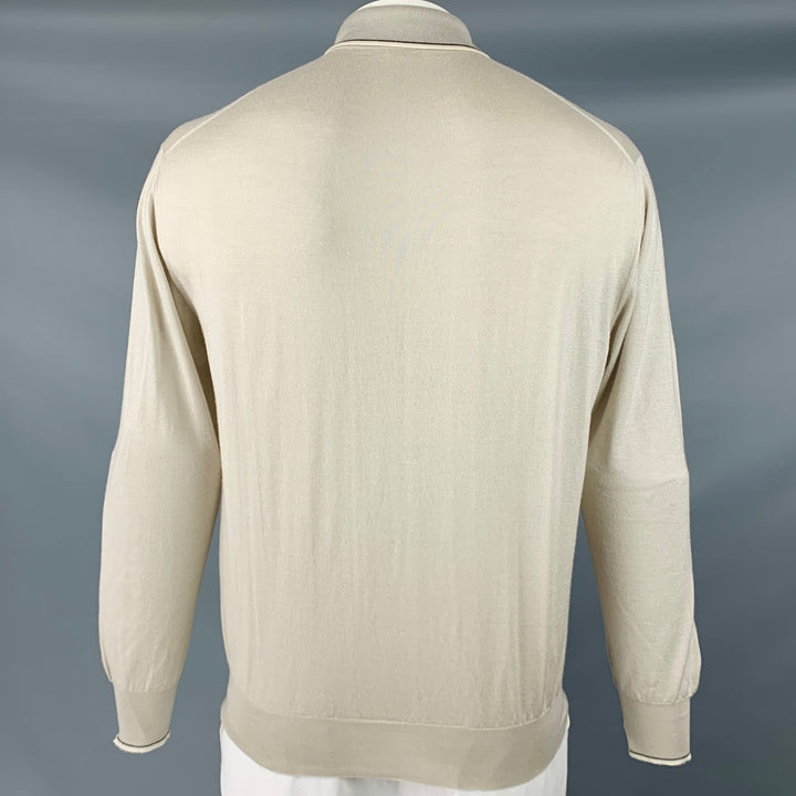 BRIONI Size XXL Oatmeal Beige Knit Cashmere Silk Polo Pullover